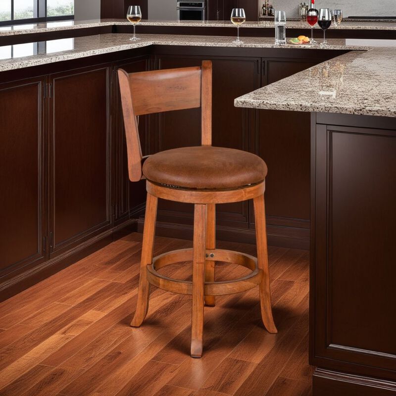 Marv Swivel Counter Height Chair Set of 2, Brown Faux Leather, Wood - Benzara