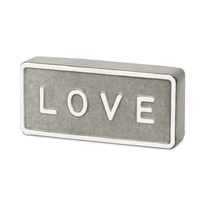 HomeRoots 4" Gray And White Galvanized Metal Love Hand Painted Tabletop Sign image number 2