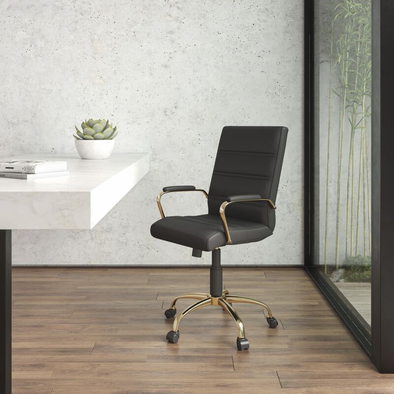 Flash Furniture Whitney Mid-Back Desk Chair - Black LeatherSoft Executive Swivel Office Chair with Gold Frame - Swivel Arm Chair image number 1