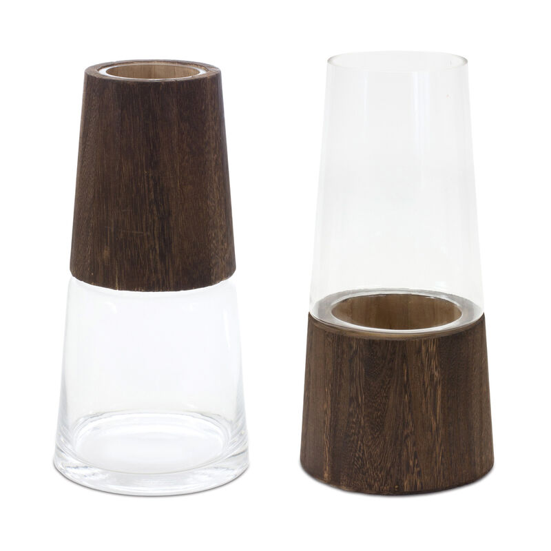 HomeRoots Set of Two Brown And Clear Glass Tapered Table Vases With Wood image number 0