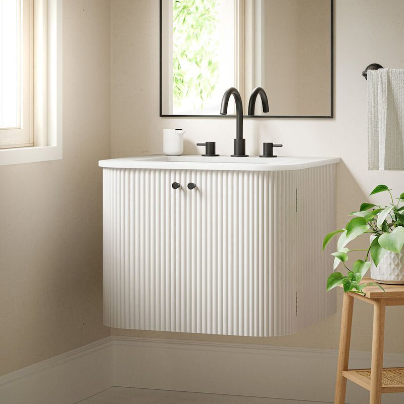 Modway Zia 24 inch Wall-Mount Bathroom Vanity in Ivory with Marble Sink Basin - Floating Bathroom Cabinet with Fluted Design image number 9
