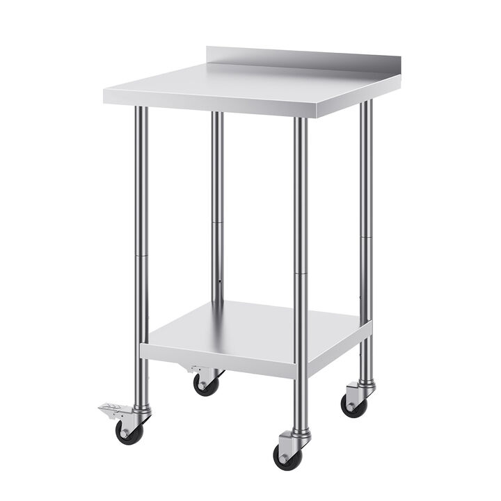 Commercial Stainless Steel Food Prep Table with Rolling Casters, Adjustable Height Utility Workbench-Silver