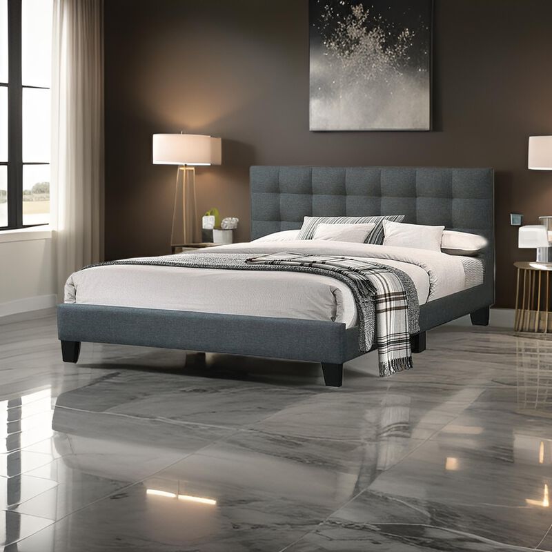 Dex Modern Platform Queen Size Bed, Plush Tufted Upholstery, Charcoal Gray - Benzara