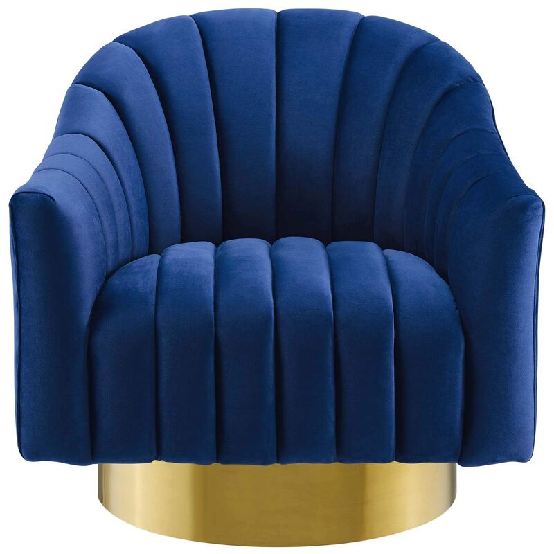 Modway Buoyant Channel Tufted Performance Velvet Accent Lounge Living Room Swivel Chair in Navy