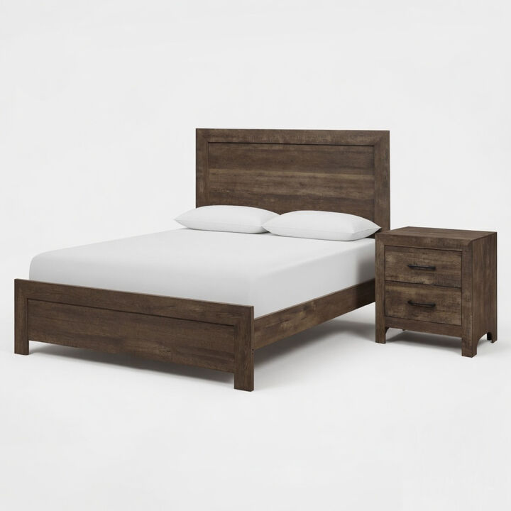 King Size Bedroom Set, Brown Finish, Panel Design, 2-Piece Set with Bed and Nightstand
