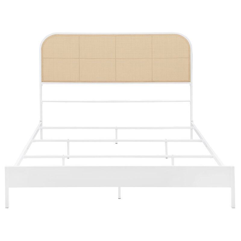 Ammy Queen Bed, Radio Weave Headboard, Brown Faux Rattan, White Metal  - Benzara