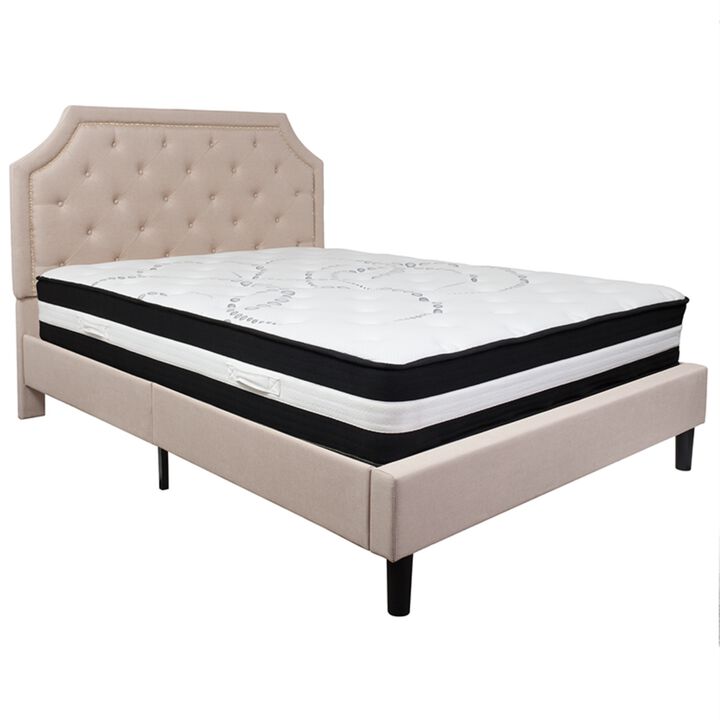Brighton Queen Size Tufted Upholstered Platform Bed in Beige Fabric with Pocket Spring Mattress
