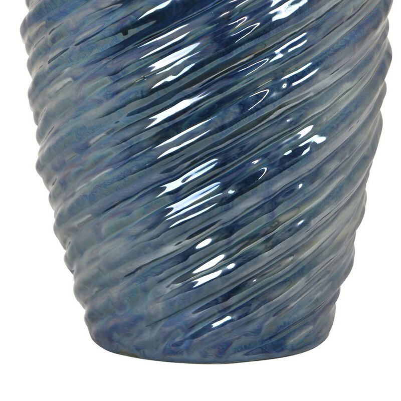 Avery Tall Modern Vase with Angled Spiral Design, Blue Ceramic 17 Inch - Benzara