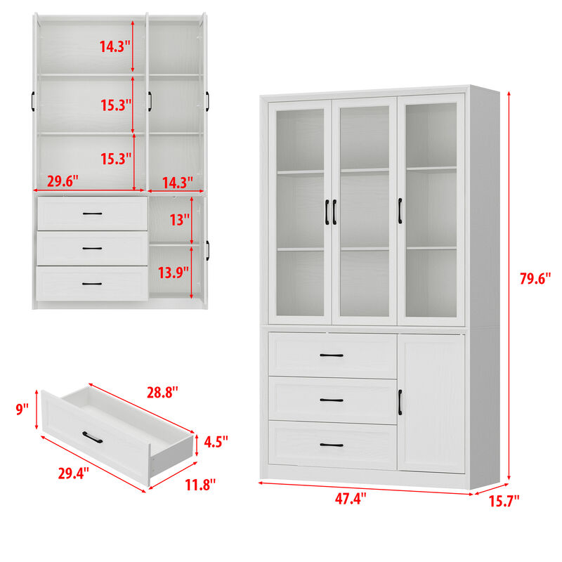 FUFU&GAGA Modern Kitchen Cabinet with 3 Glass Doors, 3 Drawers and Black Handles, (47.4 in. W x 15.7 in. D x 79.6 in. H), White