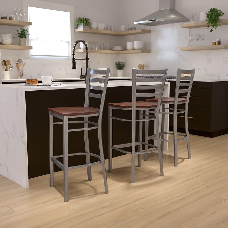 Flash Furniture HERCULES Series Clear Coated Ladder Back Metal Restaurant Barstool - Cherry Wood Seat image number 1