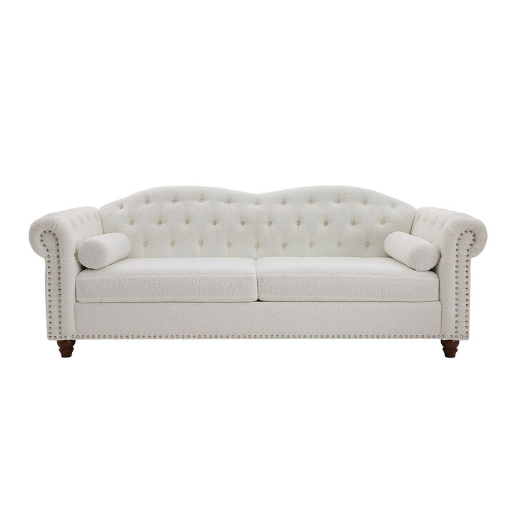 Classic Traditional Living Room Upholstered Sofa with high-tech Fabric Surface/ Chesterfield Tufted Fabric Sofa Couch, Large-White.