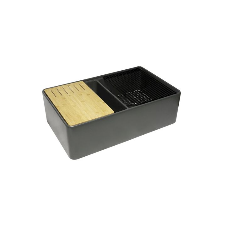 ALFI brand Grey Matte Workstation 33 x 20 Double Bowl Step Rim Fireclay Farm Sink