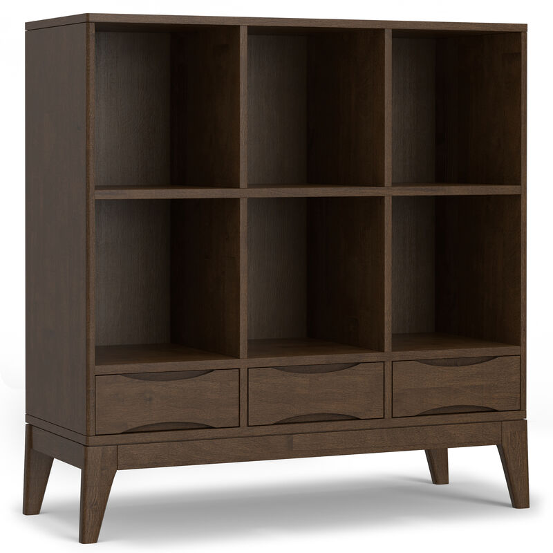 Harper SOLID HARDWOOD 43 inch x 42 inch Mid Century Modern Low 6 Cube Storage with Drawers in Walnut Brown