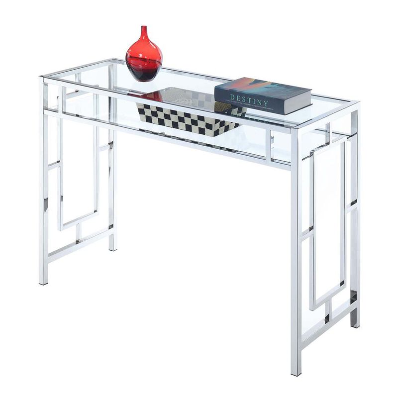 Convenience Concepts Town Square Chrome Desk With Shelf, Clear Glass/Chrome Frame