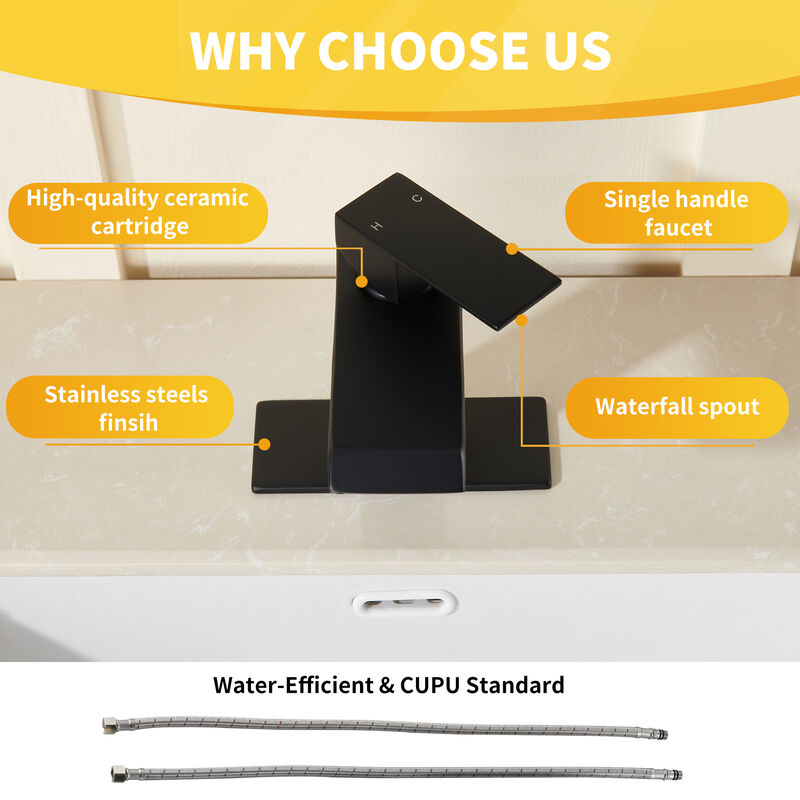 Mondawe Waterfall Spout Bathroom Sink Faucet, Single Handle 1/3 Hole Deck Mount Basin Hot & Cold Water Tap for Bathroom Lavatory