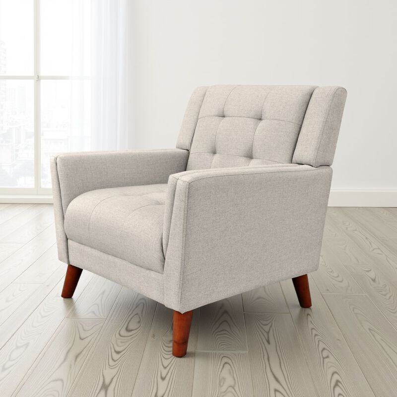 Accent Armchair, Tufted Back Flared Arms, Tapered Wood Legs, Beige Fabric