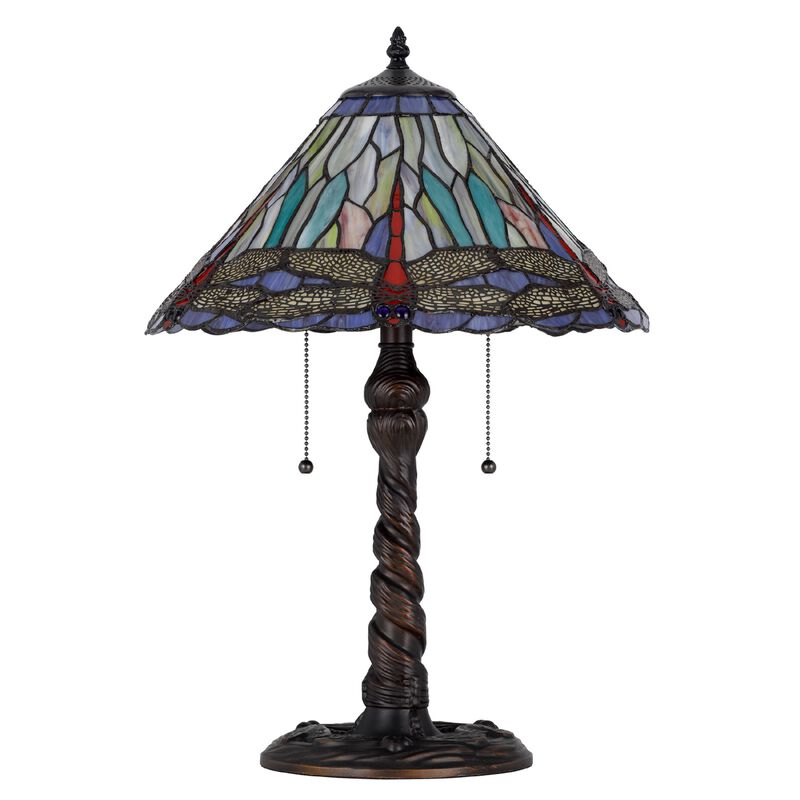 Eli Table Lamp, Tiffany Glass Shade, Blue Red Dragonfly Design, Bronze, 23In image number 3
