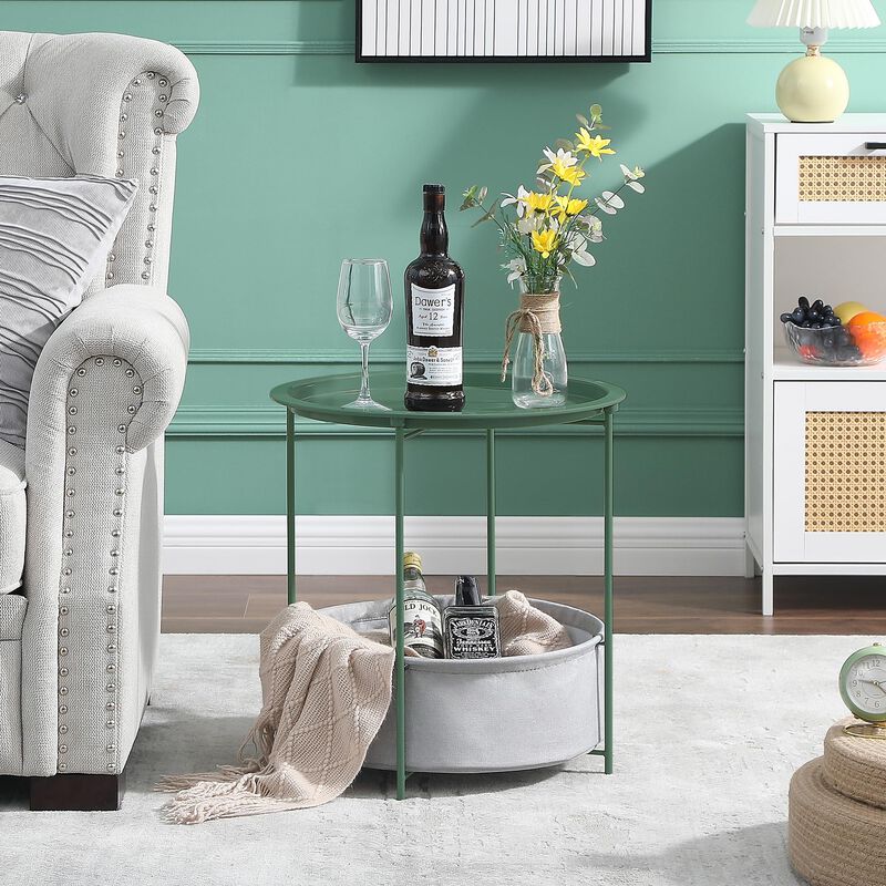 VECELO Round Side/End Table with Fabric Storage Basket