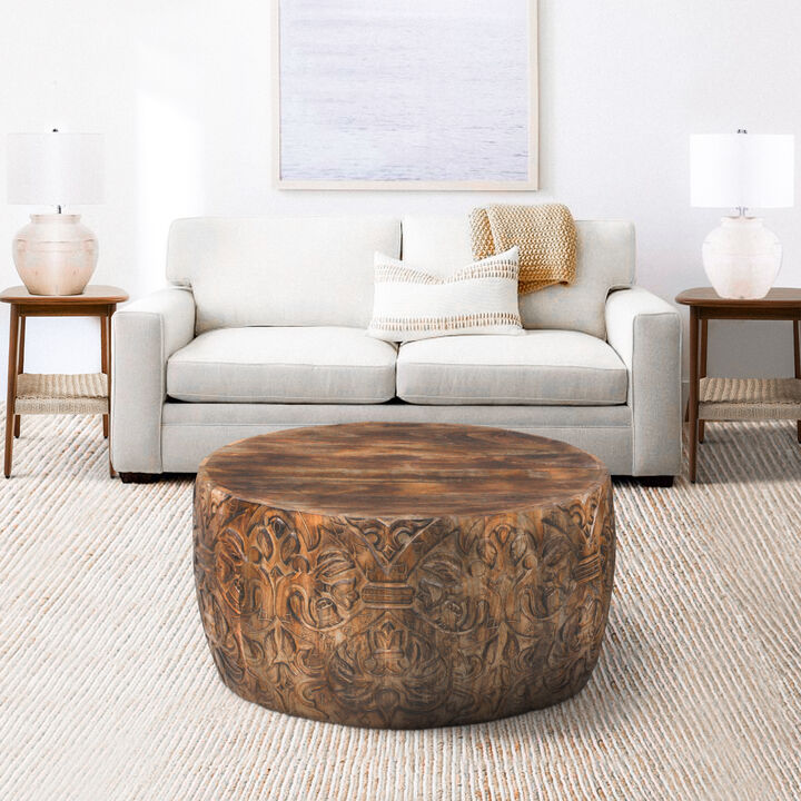 Rea 34 Inch Handcrafted Mango Wood Coffee Table, Round Drum Shape, Carved Damask Pattern, Walnut Brown
