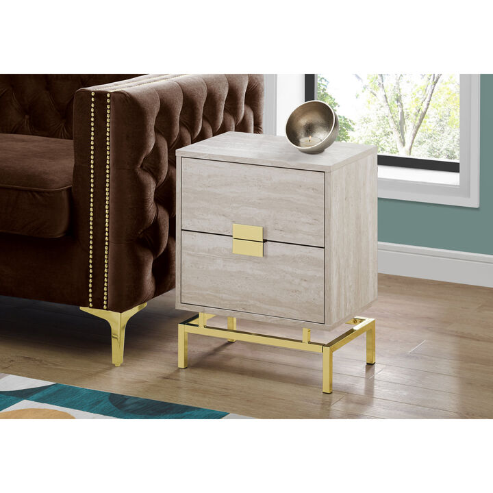 Monarch Specialties I 3493 Accent Table, Side, End, Nightstand, Lamp, Storage Drawer, Living Room, Bedroom, Metal, Laminate, Beige Marble Look, Gold, Contemporary, Modern