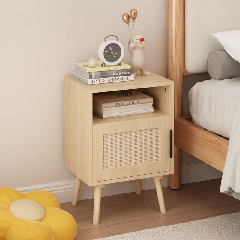 22.83" Assembled Rattan Nightstand with Door Open Shelf Solid Wood Legs image number 1
