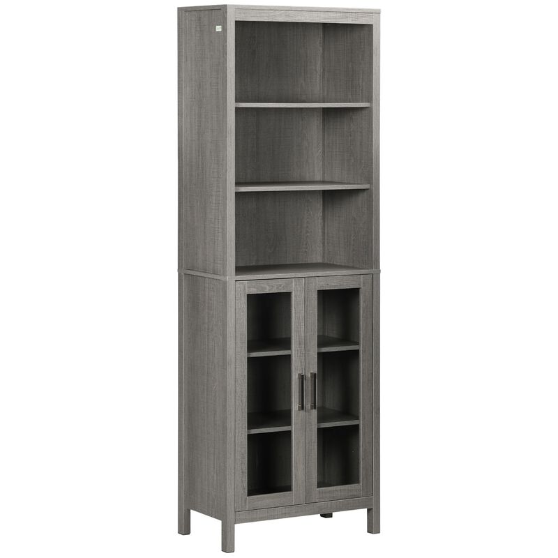 Tall Bathroom Storage Cabinet with 3 Tier Shelf, Glass Door Cupboard, Freestanding Linen Tower with Adjustable Shelves, Grey Wood Grain image number 1
