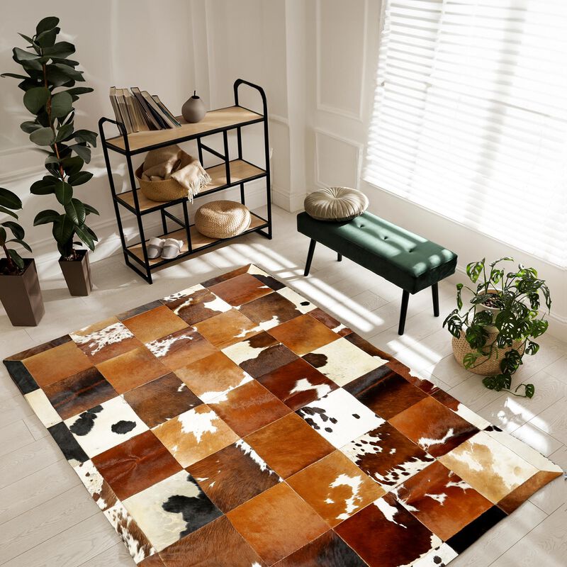 Genuine Cowhide Tricolor Patchwork Rug image number 3