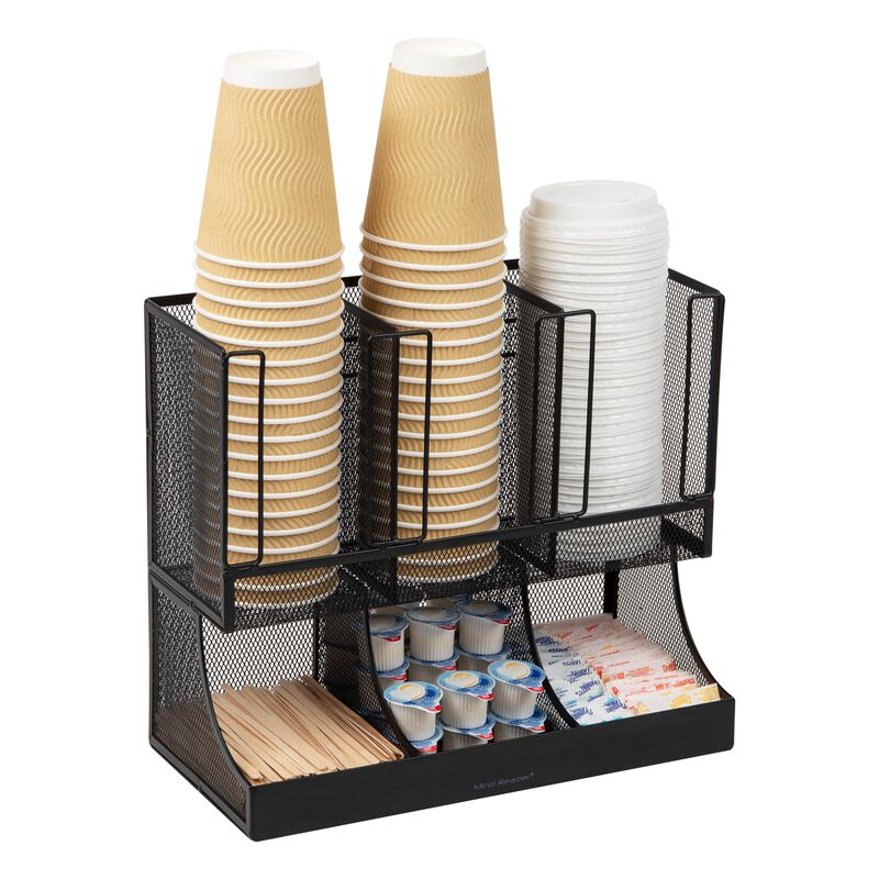 Mind Reader Cup and Condiment Station, Countertop Organizer, Coffee Bar, Kitchen, Metal Mesh, 13""L x 6.45""W x 11.25""H, Black