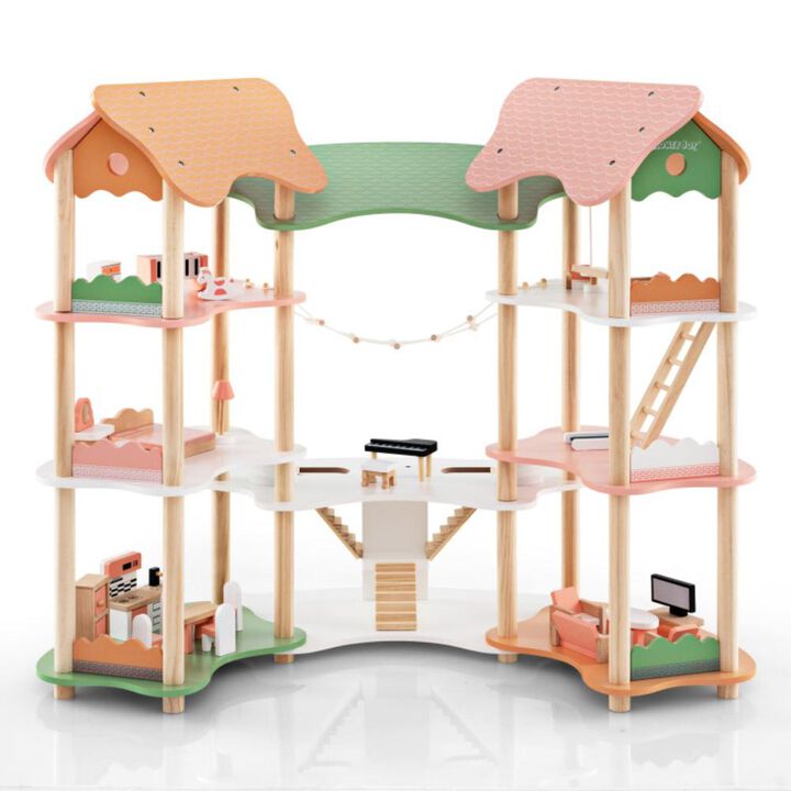 Hivvago 3-Tier Wooden Dollhouse for Kids Aged 3-8 Years Old with 32 Pieces of Accessories