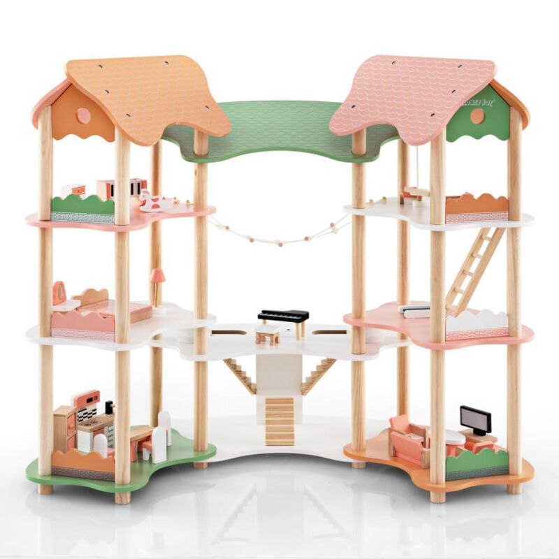Hivvago 3-Tier Wooden Dollhouse for Kids Aged 3-8 Years Old with 32 Pieces of Accessories