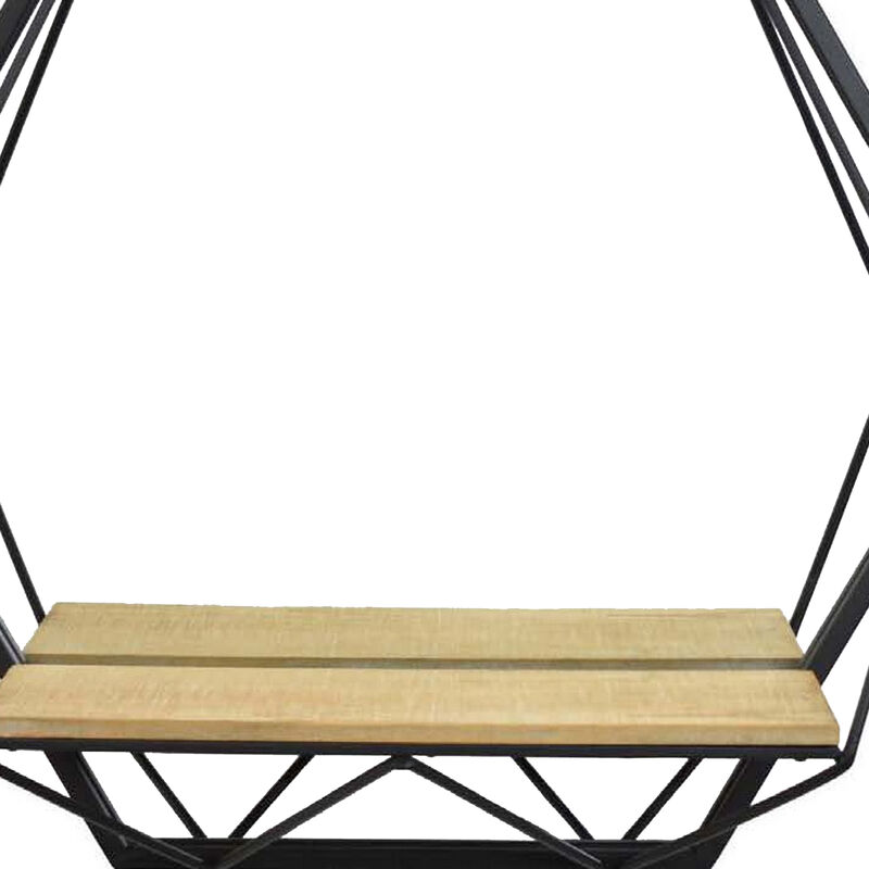 24 Inch Wall Mirror with Shelf, Hexagon Shaped, Metal, Black Finish - Benzara