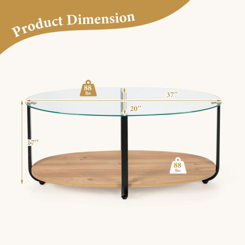 Hivvago 2-Tier Glass-Top Oval Coffee Table with Wooden Shelf for Living Room