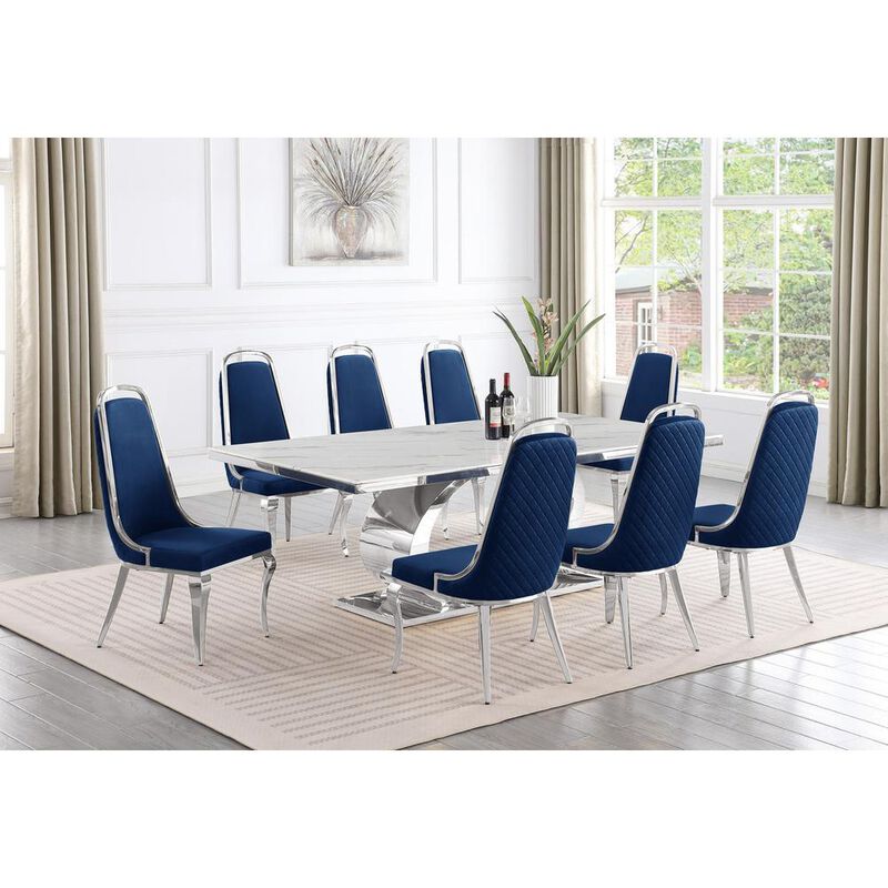 Best Quality Furniture 9pc Large(87) marble top dining set with silver base and 8 Navy blue chairs image number 2