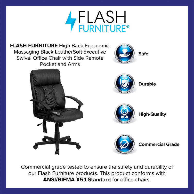 Sumter High Back Ergonomic Massaging LeatherSoft Executive Swivel Office Chair with Side Remote Pocket and Arms image number 8