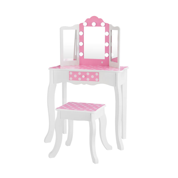 Fantasy Fields Gisele Polka Dot Kids Play Vanity Table & Stool with LED, White & Pink