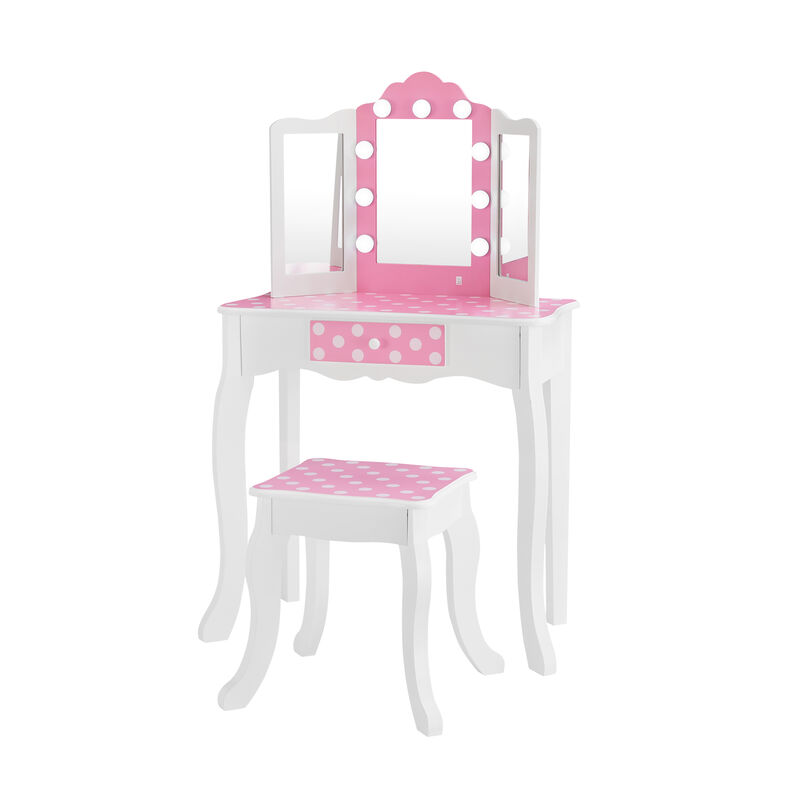 Fantasy Fields Gisele Polka Dot Kids Play Vanity Table & Stool with LED, White & Pink image number 1