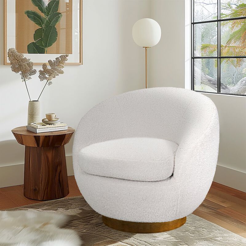 INK+IVY Jessel Shearling Sherpa Swivel Chair with Wood Base in Cream Color