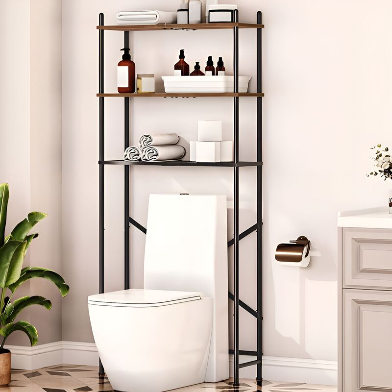 Bathroom 3-Tier Toilet Storage Shelf with Adjustable Feet-Brown image number 1