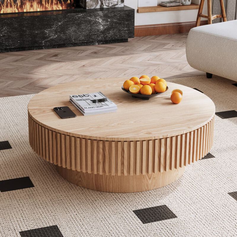 Round coffee table with storage Solid wood veneer and MDF coffee table with fluted base Modern accent coffee table for living room image number 3