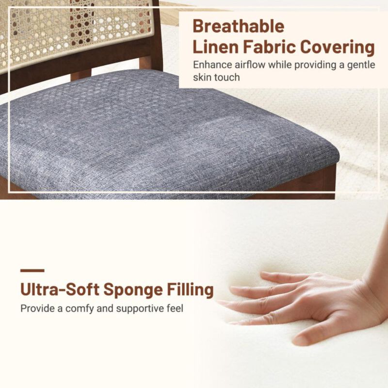 Hivvago Rattan Dining Chair Set of 2 with Rubber Wood Frame and Linen Fabric Padded Seat