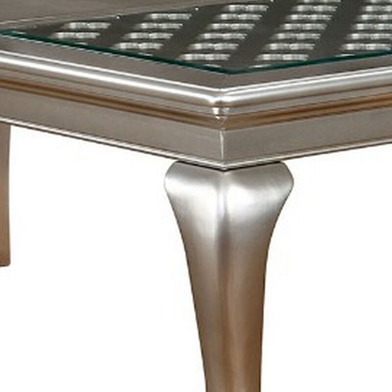 Glass Inserted Wooden Dining Table With Expandable Leaf, Silver - Benzara