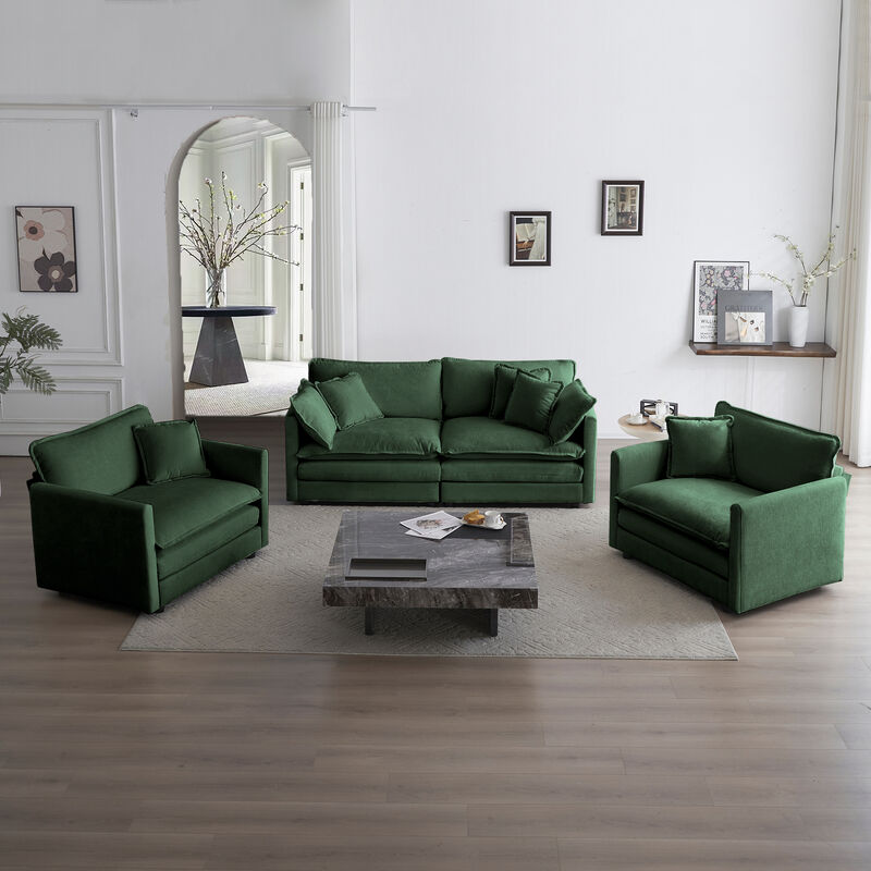 TATEUS 3 Piece Casual Sofa Set Green Chenille, 2 Arm Chairs + Loveseat with Arm & Toss Pillows, Small Space Living Room