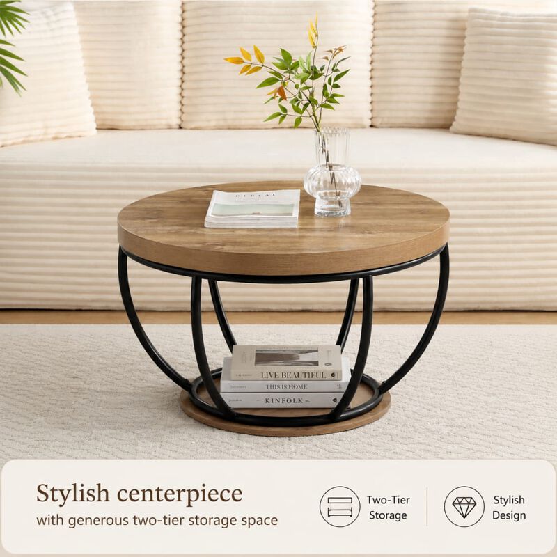 GOODSILO 31 Inch Round 2-Tier Storage Coffee Table, Multi-Functional Accent Center Table for Living Room, Home Office, Reception Area with Easy Assembly image number 4