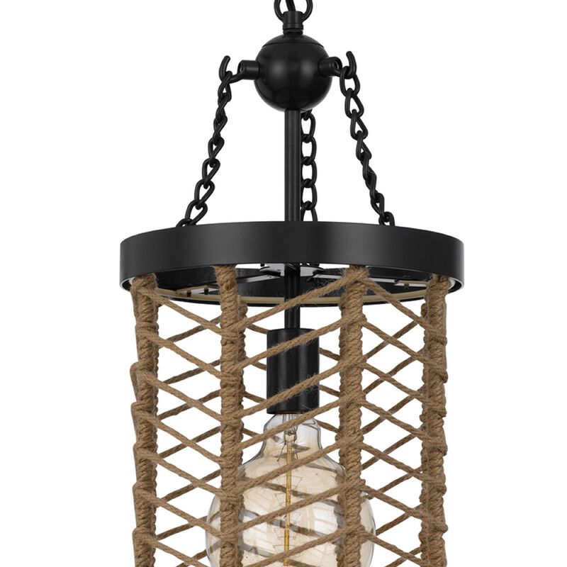 Pendant Light, Cylindric Caged Body with Braided Burlap Rope, Black Metal image number 6