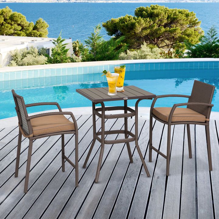 3 PCS Rattan Wicker Bar Set with Wood Grain Top Table and 2 Bar Stools for Outdoor, Patio, Poolside, Garden, Brown
