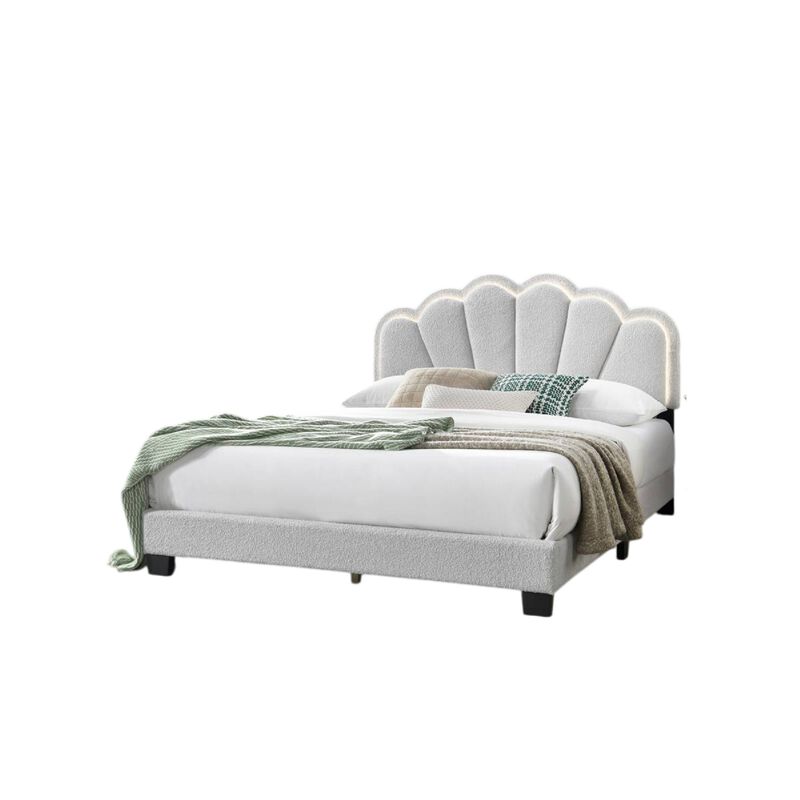 Geny Queen Size Bed, Classic White Wool Upholstery and LED, Glam Arch - Benzara