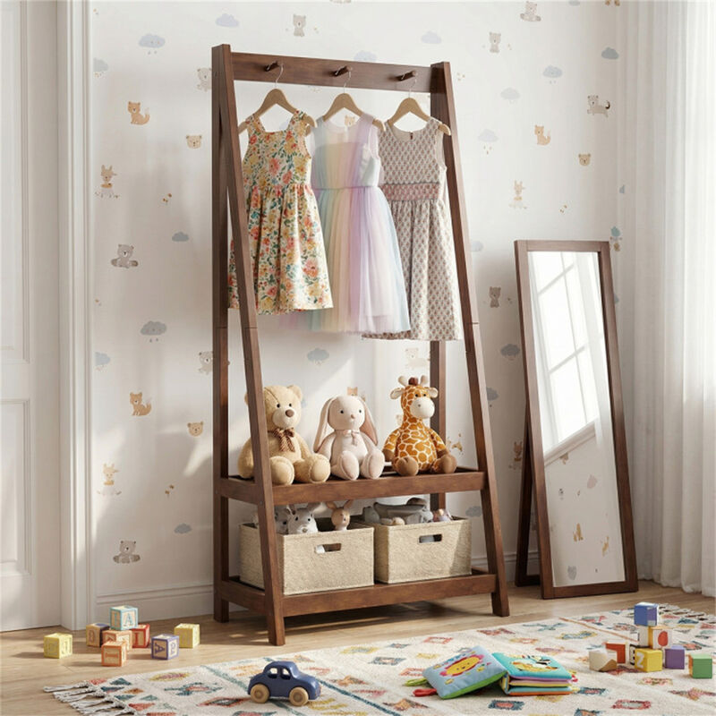 Freestanding Wood Coat Rack with A Frame Design 3 Hooks and 2 Shelves image number 4