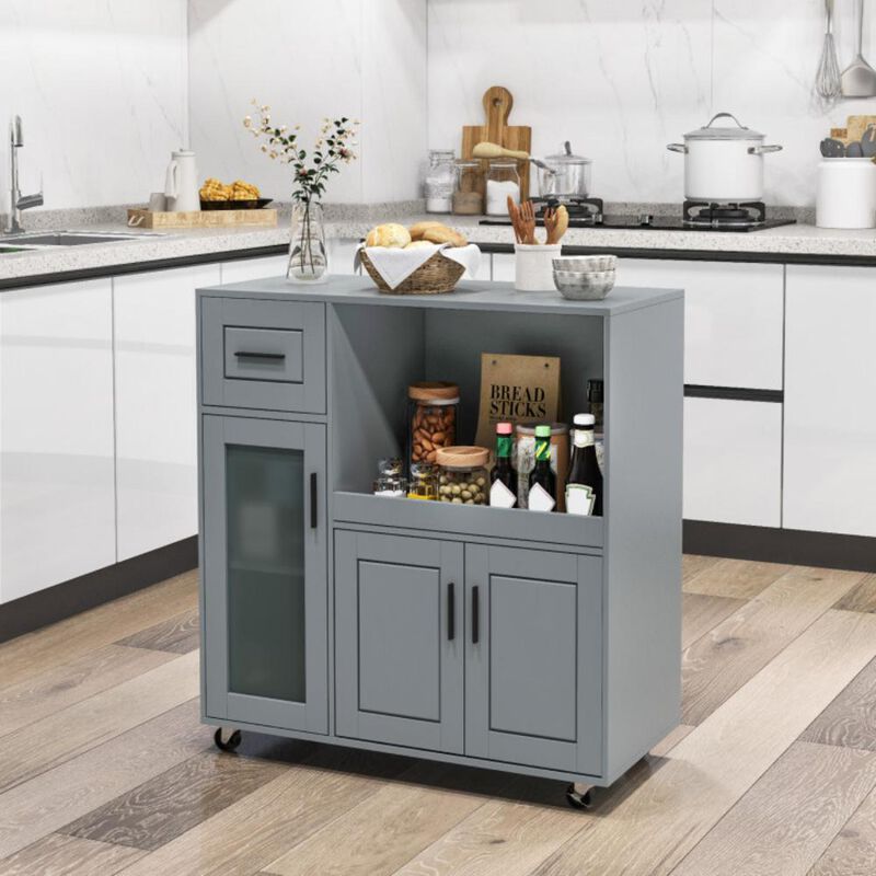 Hivvago Rolling Kitchen Island with Wheels Drawer and Glass Door Cabinet