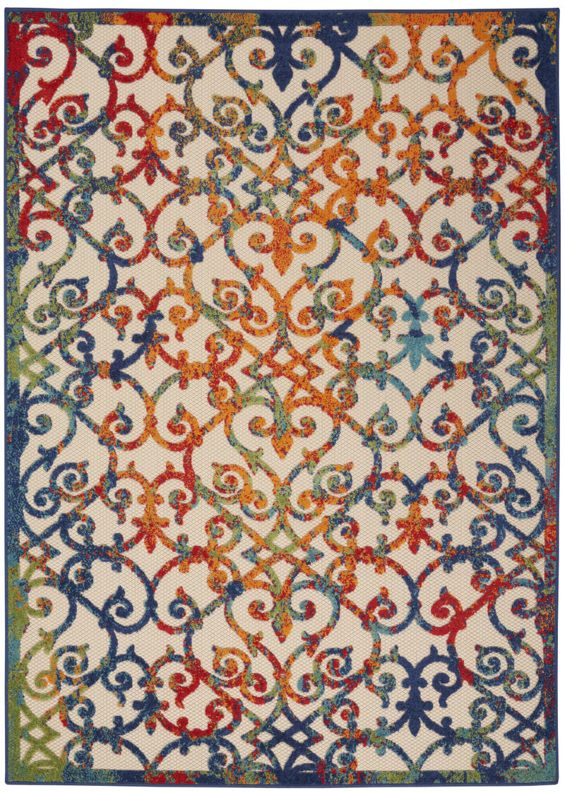 HomeRoots 5' X 8' Ivory Blue Orange And Green Trellis Indoor Outdoor Area Rug image number 0