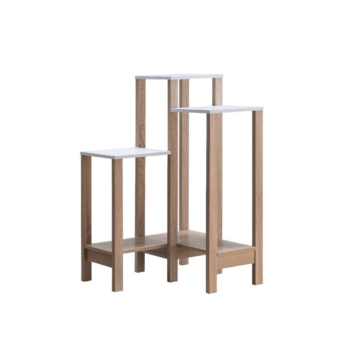 37 Inch 3 Tier Plant Stand with Sleek Bottom Shelf, White and Brown-Benzara